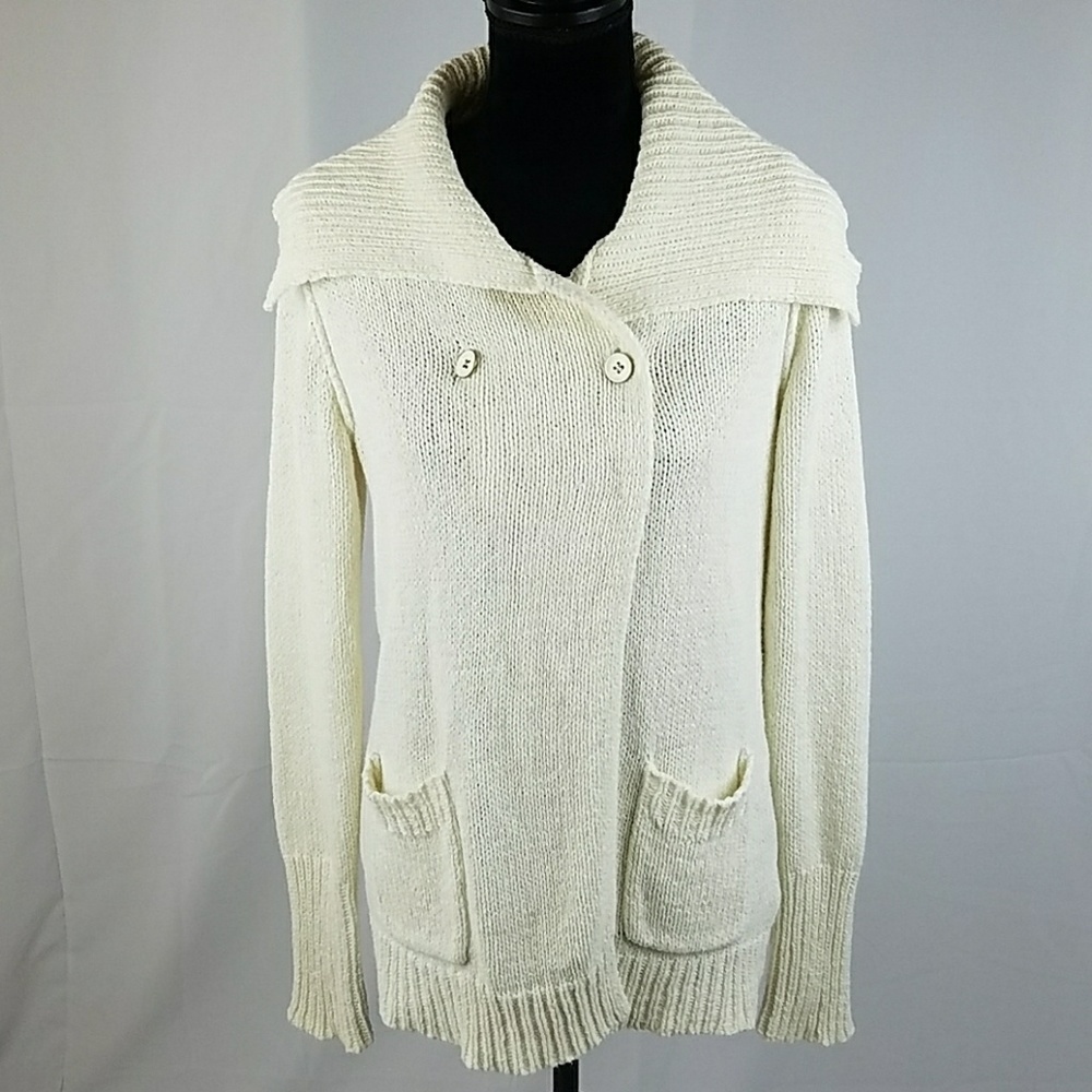 J. Crew women M flyaway stretch knit cardigan ivory cream fisherman coastal‎